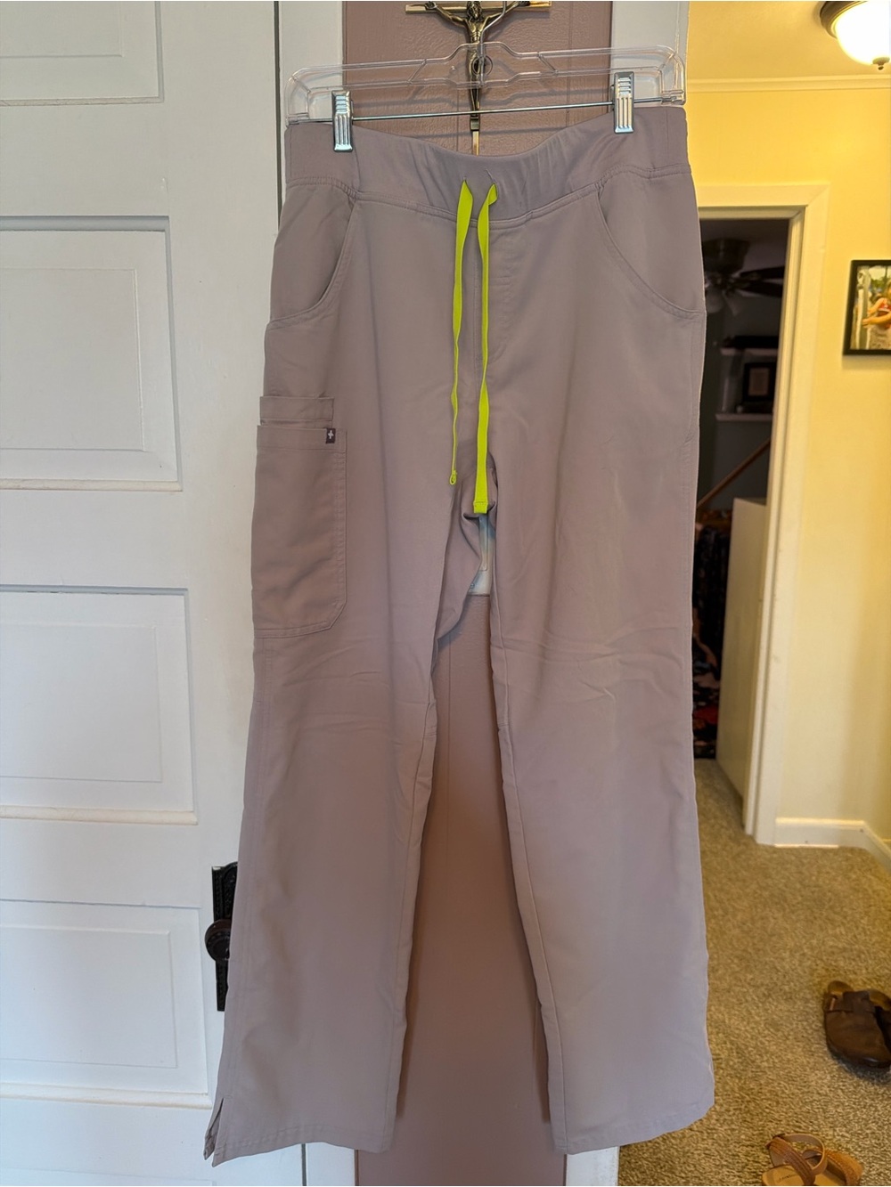 Figs Taupe Flare Scrub Pants with Neon Yellow Drawstring